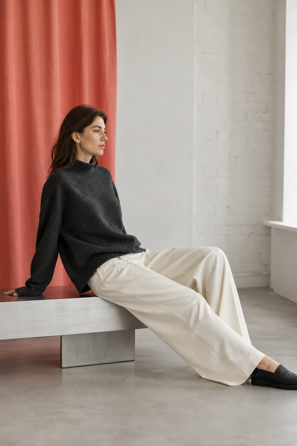 Original QUE OMEN editorial with a fictional seated model