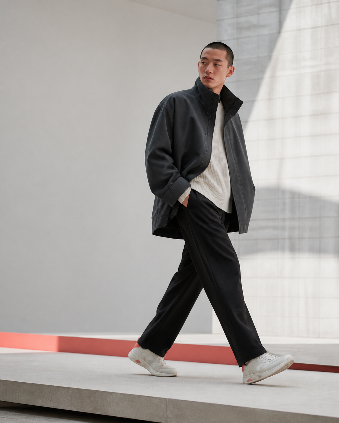 Original QUE OMEN editorial featuring contemporary unbranded outerwear and footwear